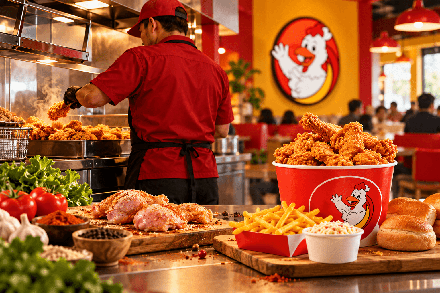 Freshly fried chicken in the Red Roaster kitchen